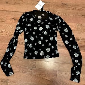 NWT Forever 21 Black Daisy Patterned Mesh Long Sleeve Top